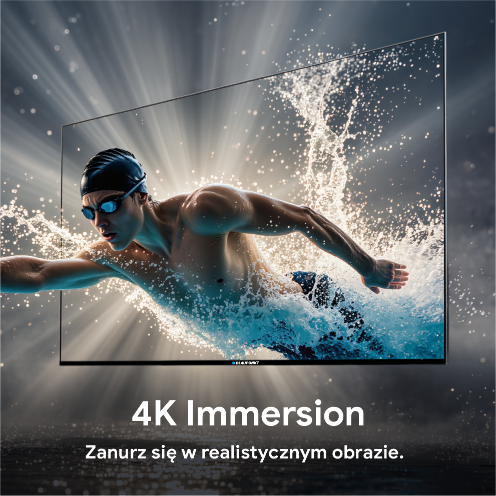 Pływak wyłania się z ekranu telewizora, woda chlapiąca. Ekran pokazuje pływaka w akcji, promując imersję 4K.