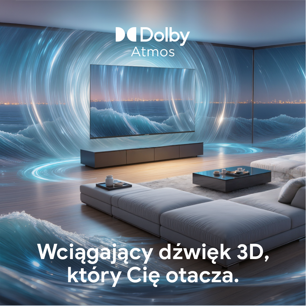 Salon z dużym telewizorem pokazującym fale oceanu. Widoczne logo Dolby Atmos. W pokoju sofa i stolik kawowy.
