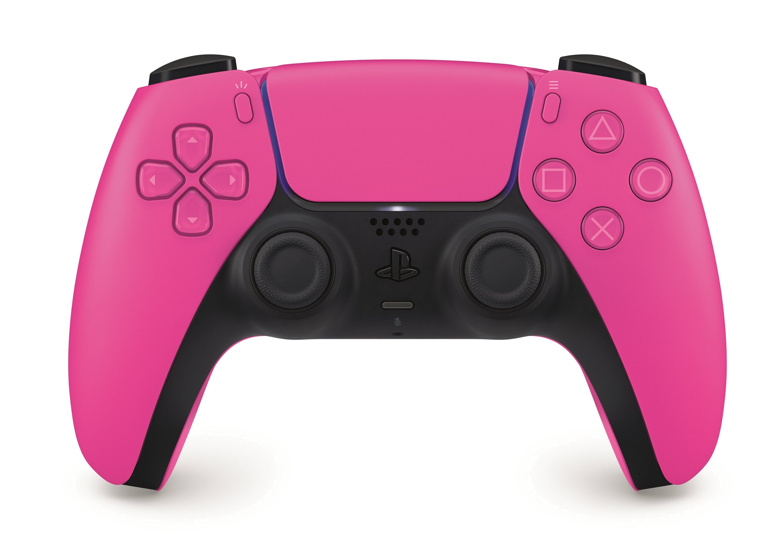Pokazany jest różowy kontroler PlayStation 5. Ma czarne akcenty i standardowy układ przycisków.