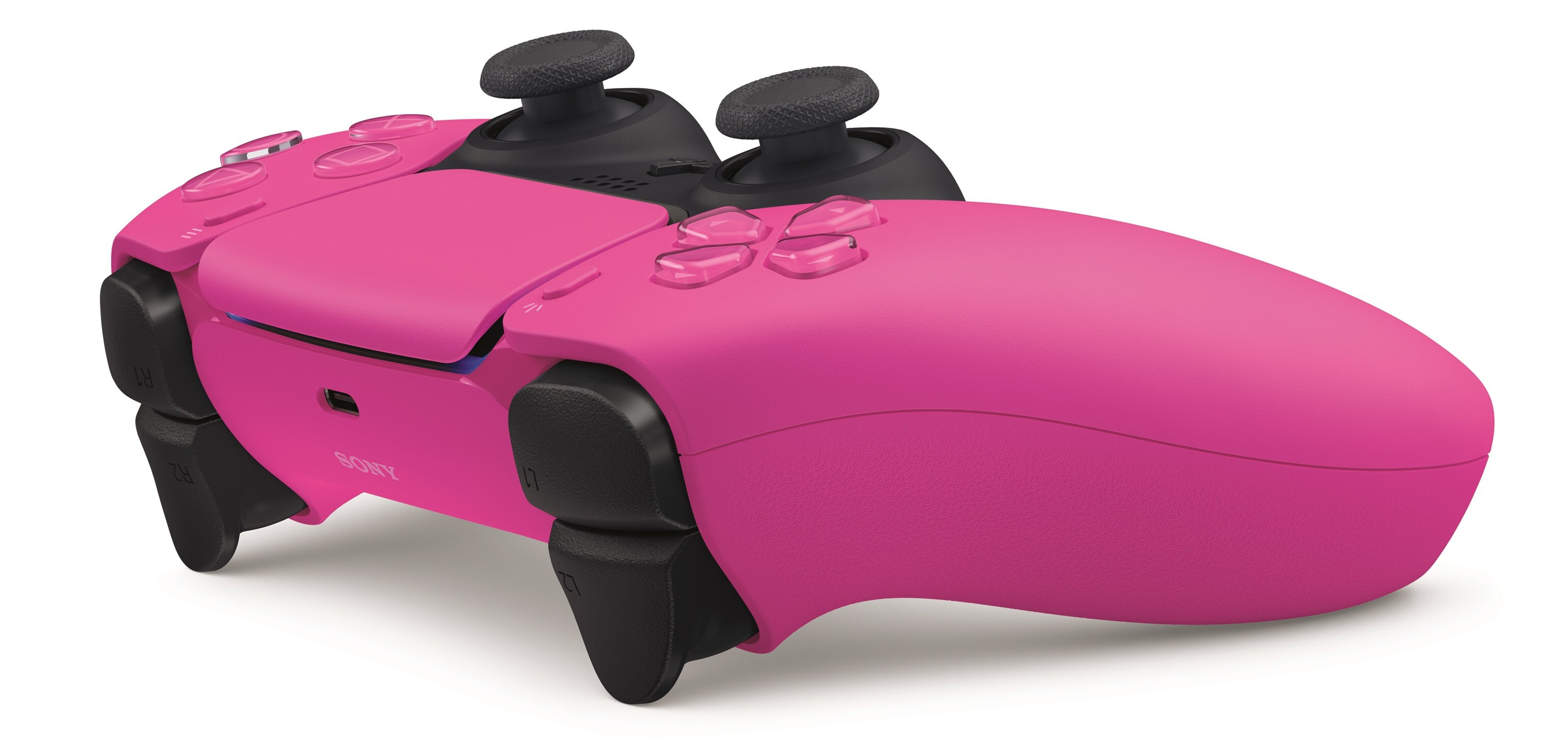 Różowy kontroler PlayStation 5. Posiada czarne joysticki i przyciski. Widoczne jest logo Sony.