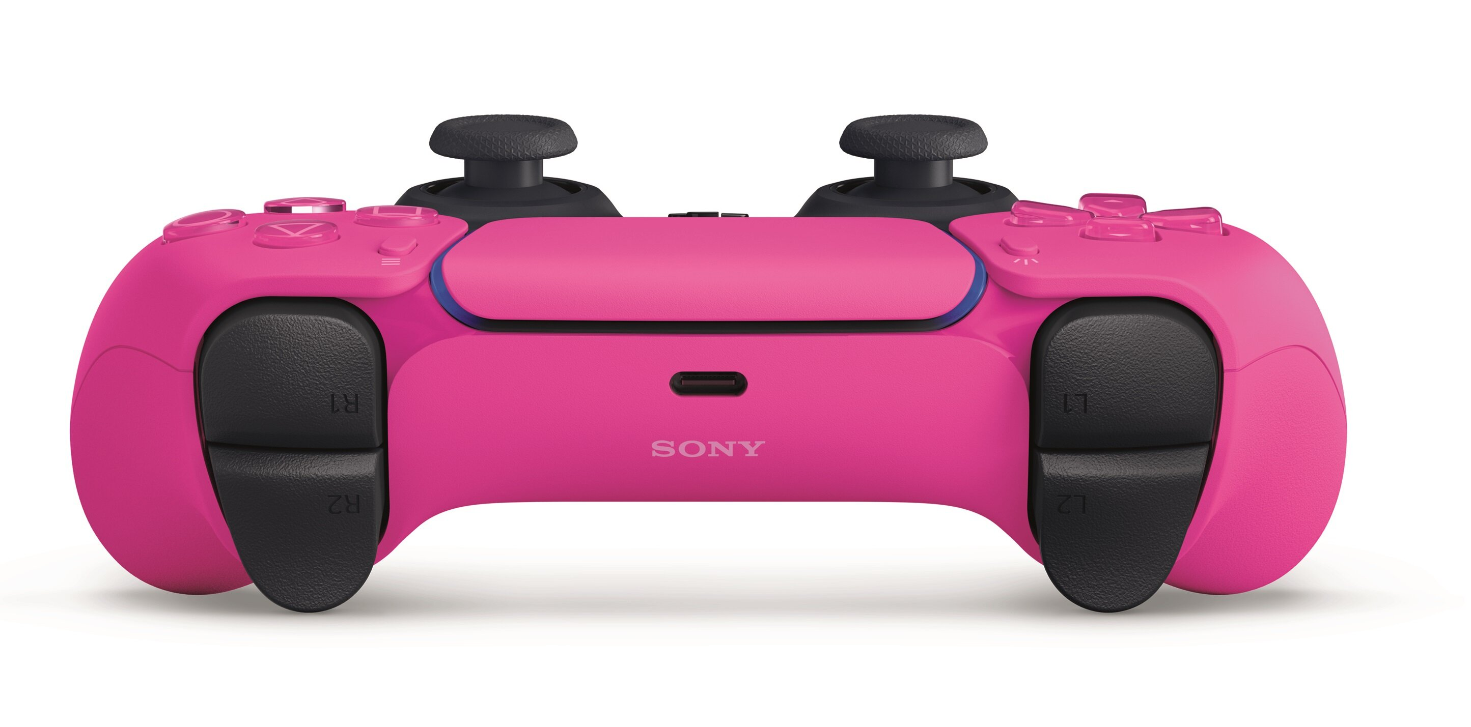 Różowy kontroler PlayStation 5. Ma czarne drążki analogowe i przyciski. Widoczne jest słowo 'SONY'.