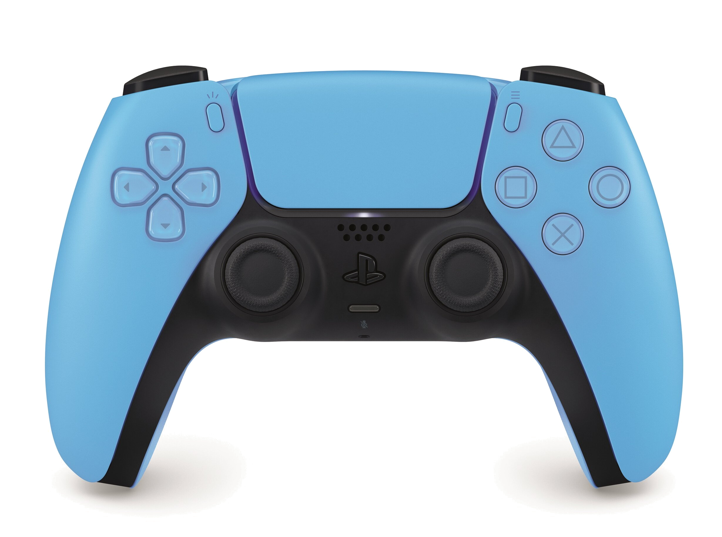 Niebiesko-czarny kontroler PlayStation 5 z przyciskami i joystickami na białym tle.