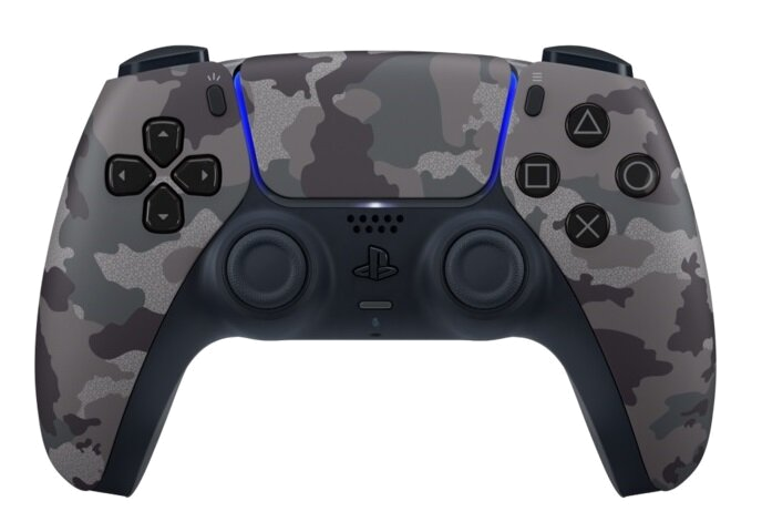 Kontroler PlayStation 5 z kamuflażem i przyciskami. Ma niebieskie światło i logo PlayStation pośrodku.