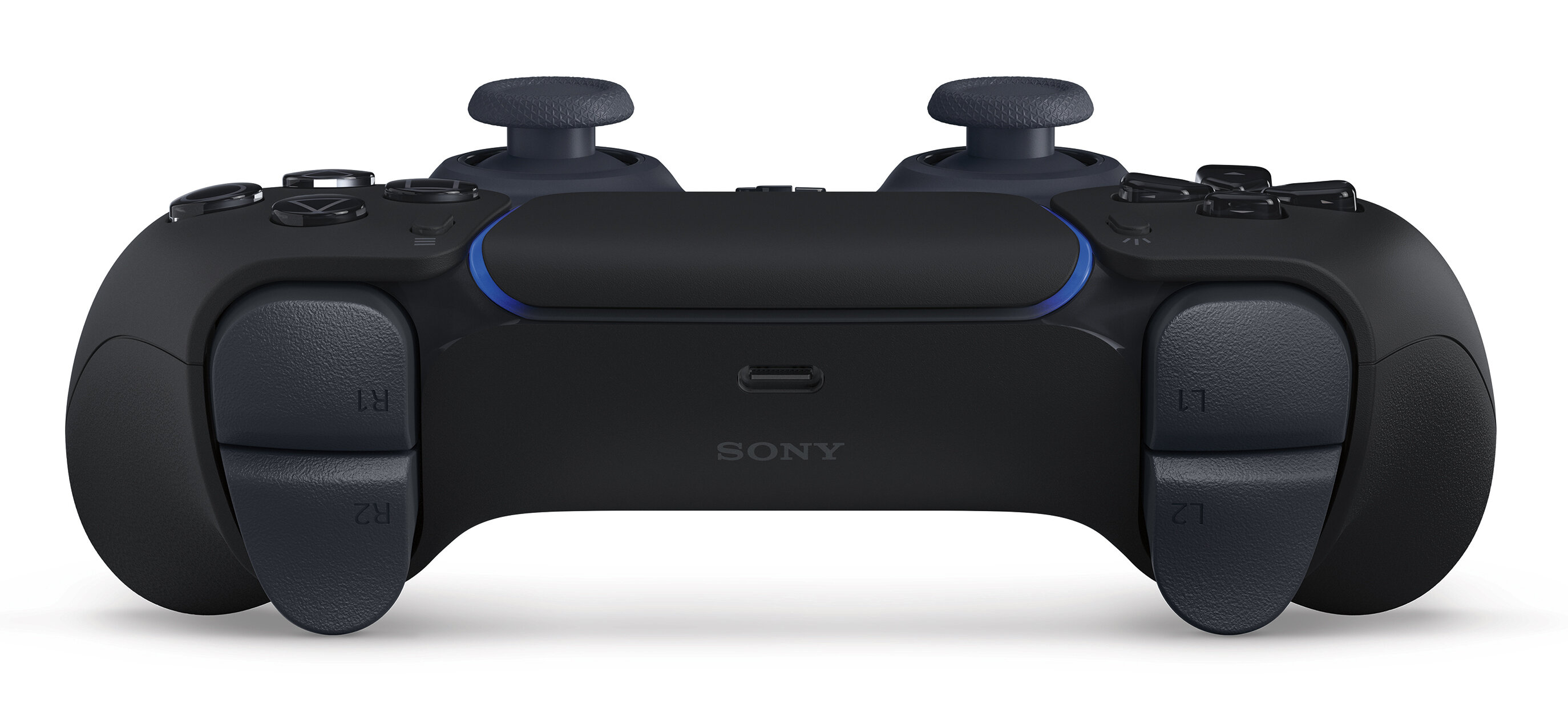 Czarny kontroler PlayStation 5 DualSense na białym tle. Ma dwa drążki analogowe i kilka przycisków.