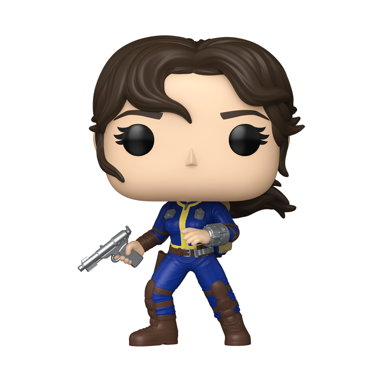 Figurka Funko Pop kobiety w niebieskim kombinezonie trzymającej broń. Ma brązowe włosy i buty. Tło jest brązowe i niebieskie.