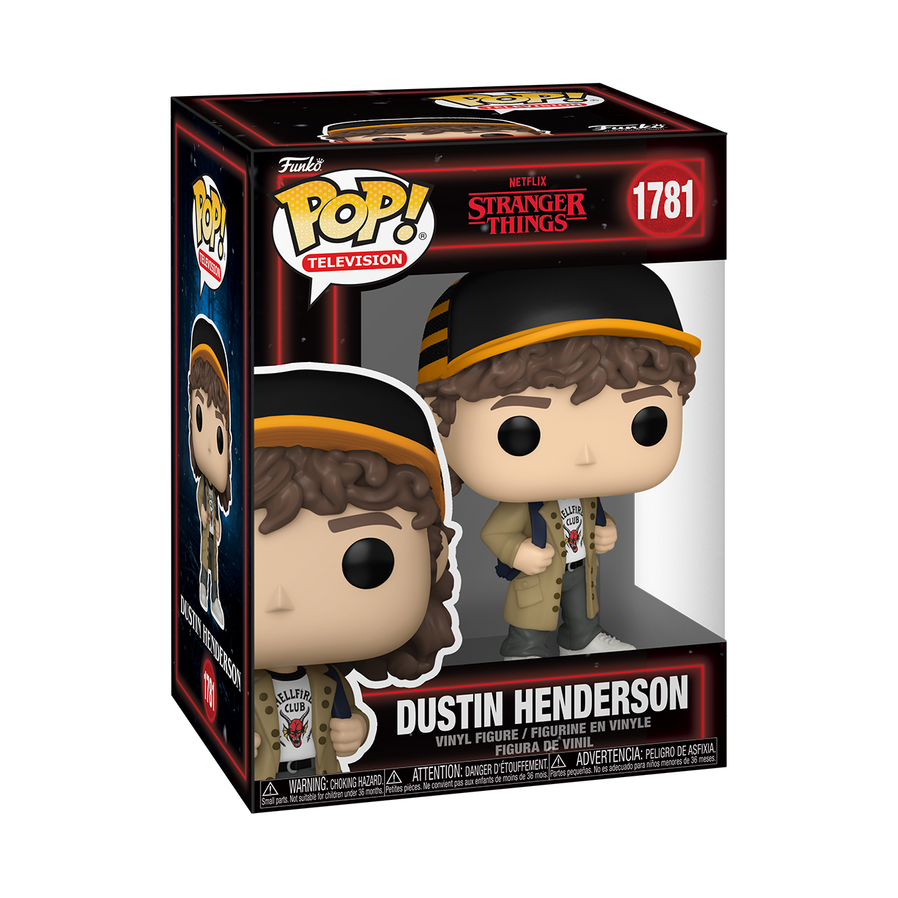 Figurka Funko Pop Dustina Hendersona ze Stranger Things w pudełku. Ma czapkę, kurtkę i koszulkę 'Hellfire Club'.