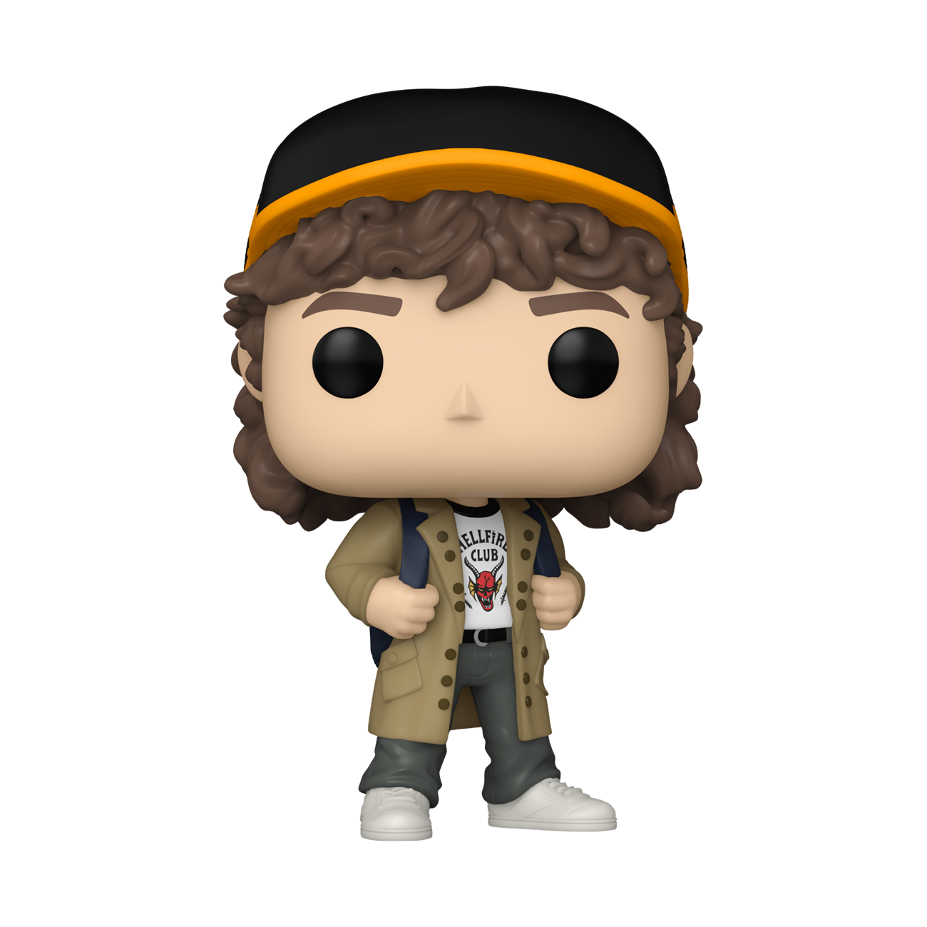 Figurka Funko Pop Dustina ze Stranger Things. Ma czapkę, kurtkę, koszulkę Hellfire Club i plecak, białe buty.