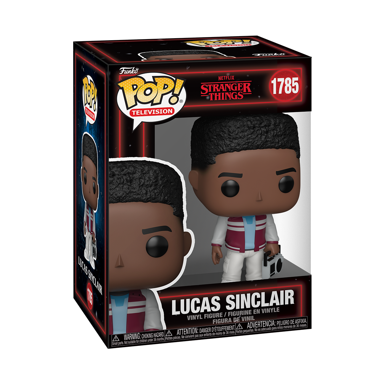 Figurka Funko Pop Lucasa Sinclaira z Stranger Things. Nosi kurtkę, trzyma urządzenie i znajduje się w tematycznym pudełku.