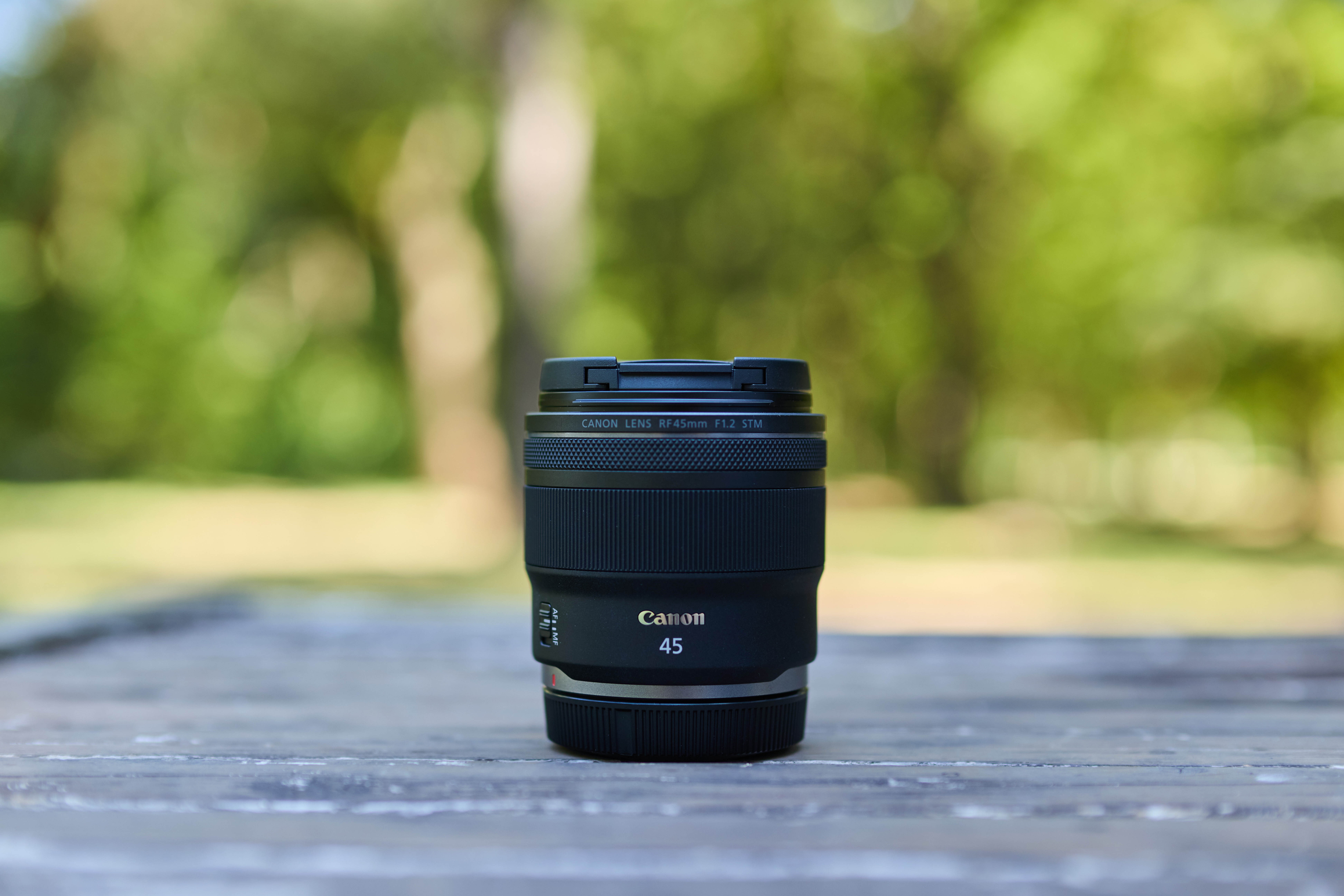 Ein Canon 45mm Objektiv liegt auf einer Holzoberfläche. Im unscharfen Hintergrund ist grünes Laub zu sehen.