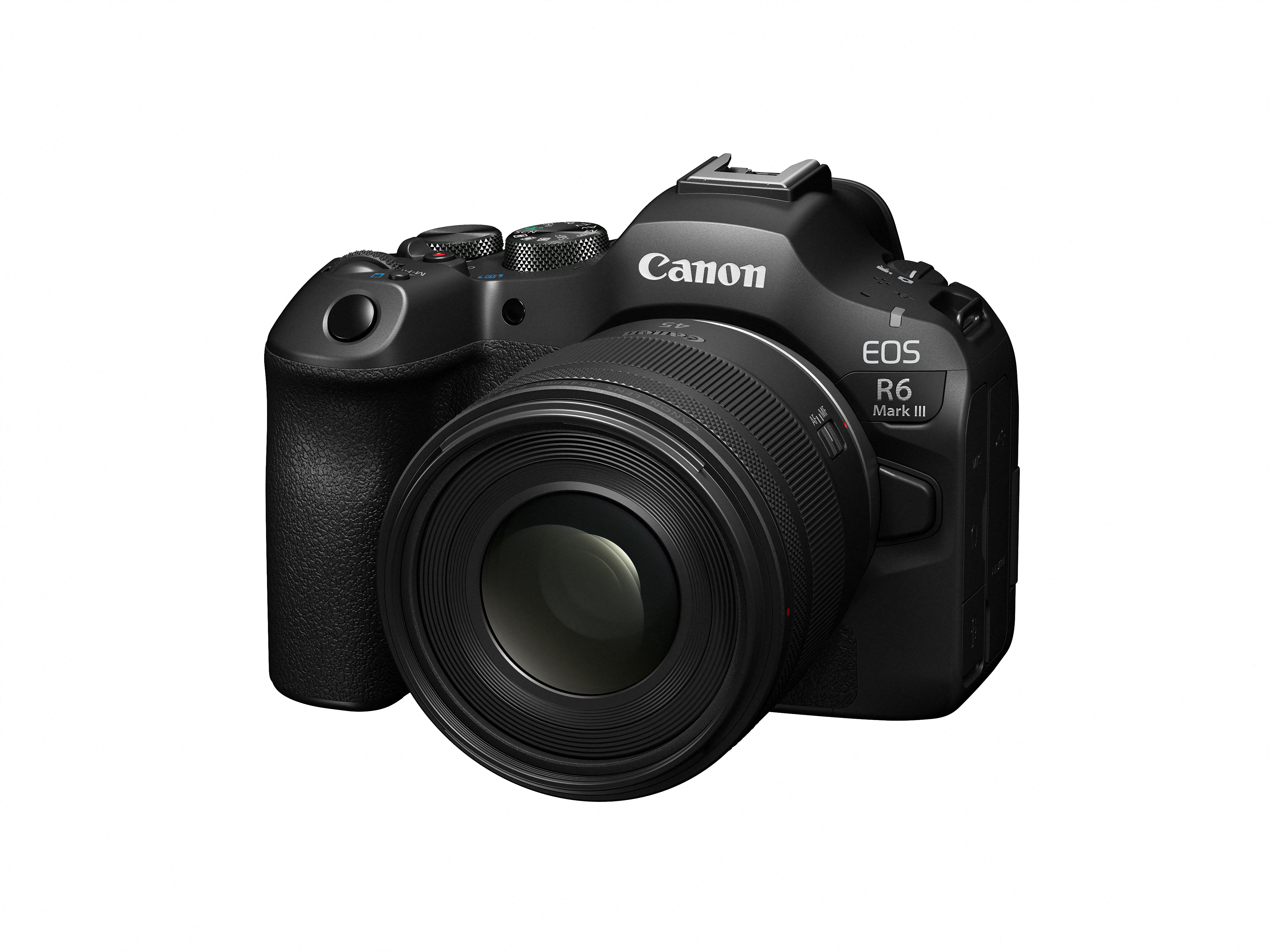 Eine schwarze Canon EOS R6 Mark III Kamera mit Objektiv. Das Canon-Logo ist sichtbar.