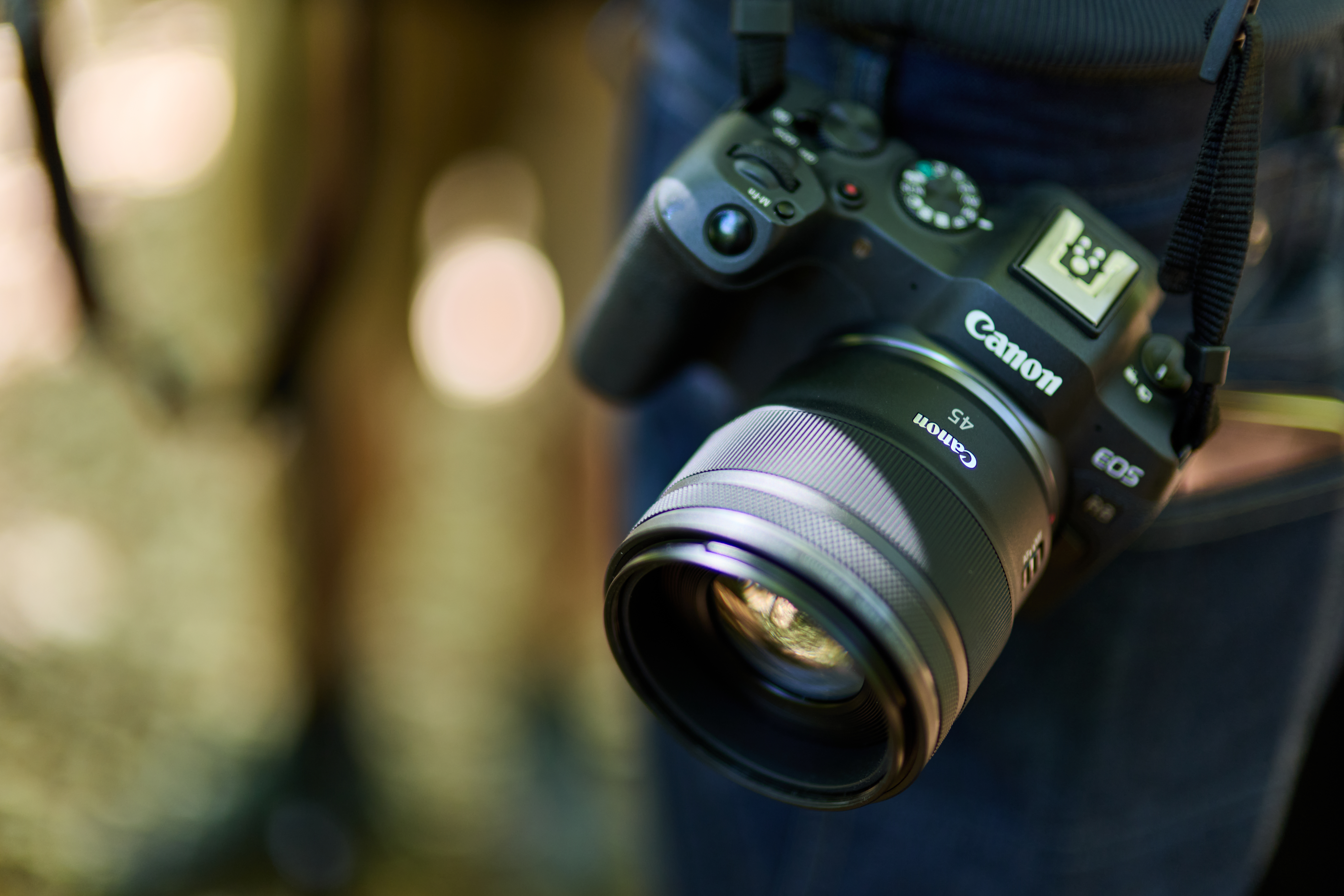 Eine schwarze Canon EOS Kamera mit einem 45-mm-Objektiv wird gehalten. Der Hintergrund ist verschwommen grün und braun.