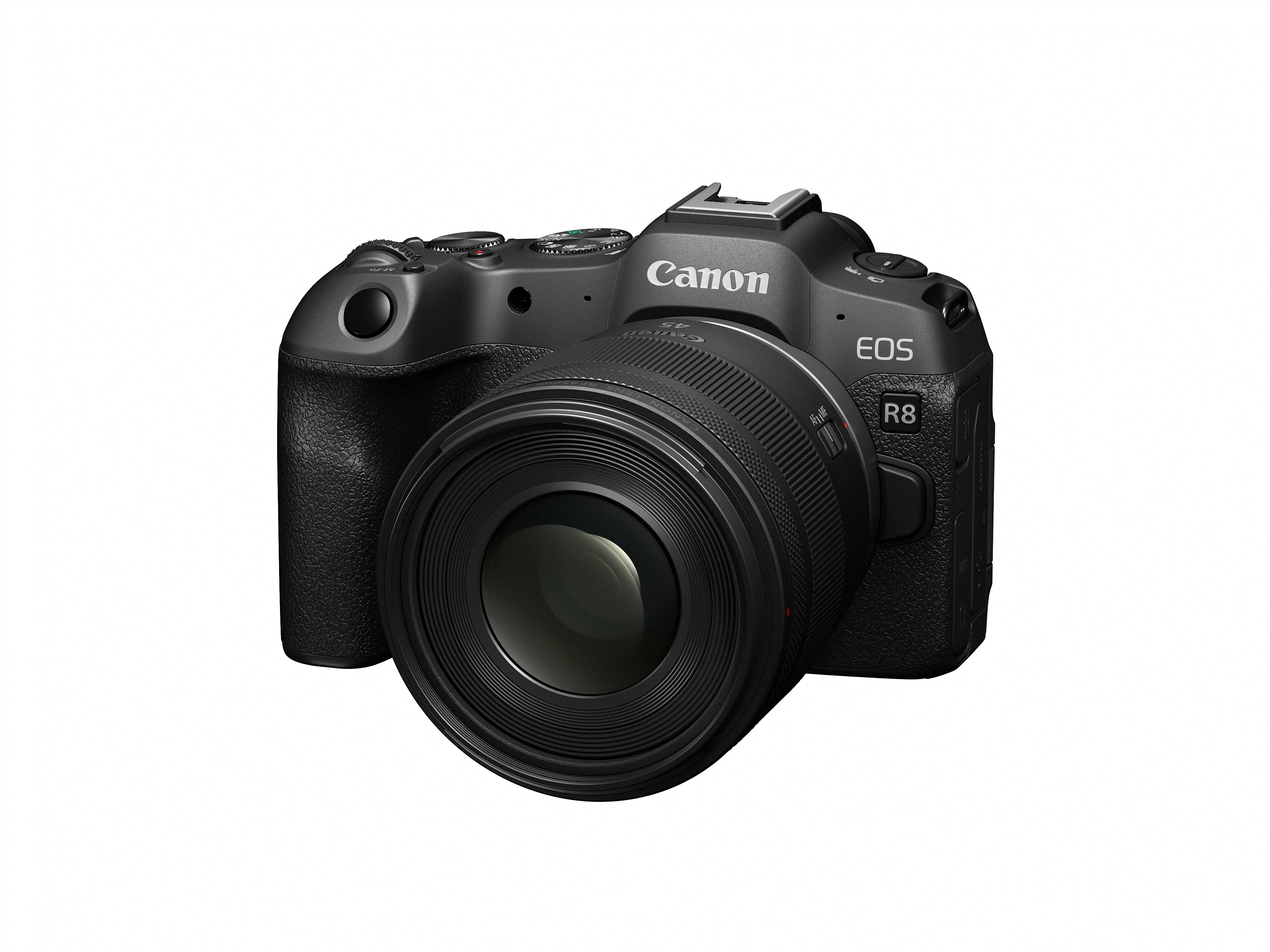 Eine schwarze Canon EOS R8 Kamera mit Objektiv auf weißem Hintergrund. Die Kamera hat das Canon-Logo.