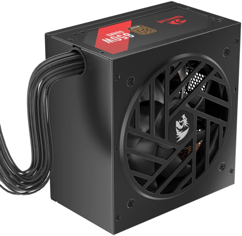 Czarny zasilacz komputerowy. Z przodu wentylator, kable po lewej stronie i czerwono-czarna etykieta na górze.