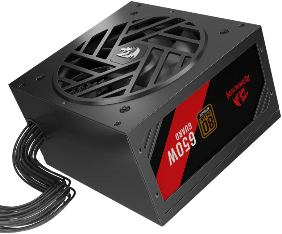 Czarny zasilacz Redragon 650W z wentylatorem i kablami. Ma czerwono-czarny design z logo Redragon.