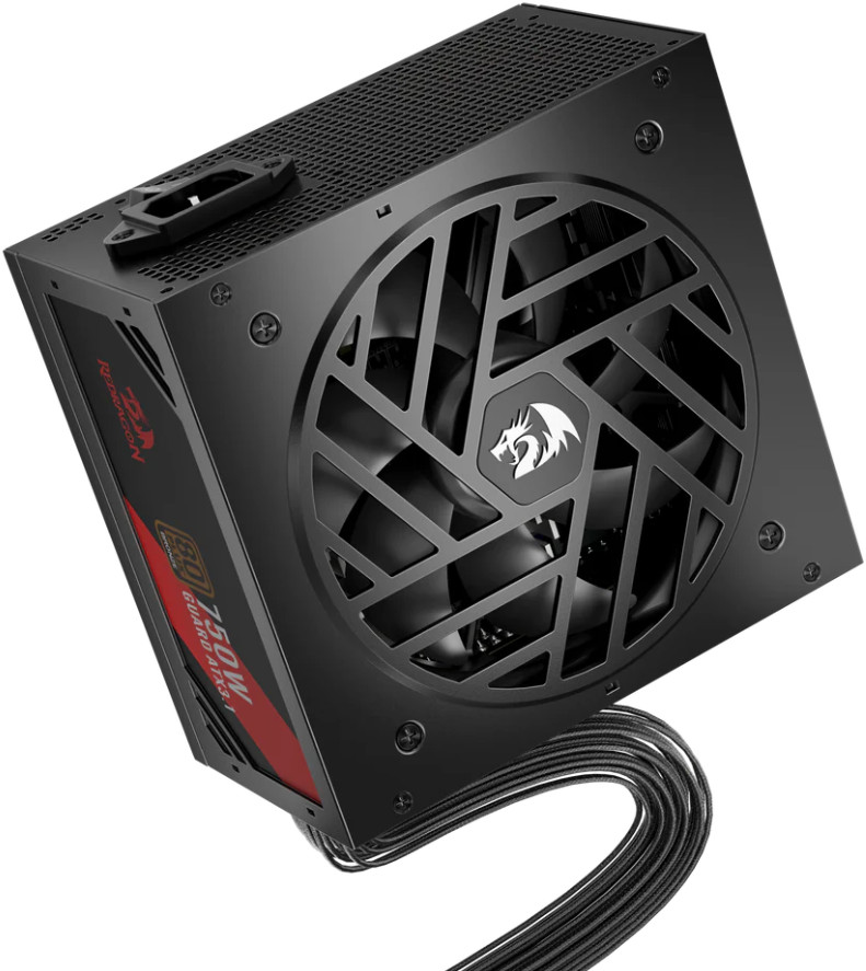 Czarny zasilacz komputerowy z wentylatorem i kablami. Czerwone akcenty z boku, logo smoka i szczegóły 750W.