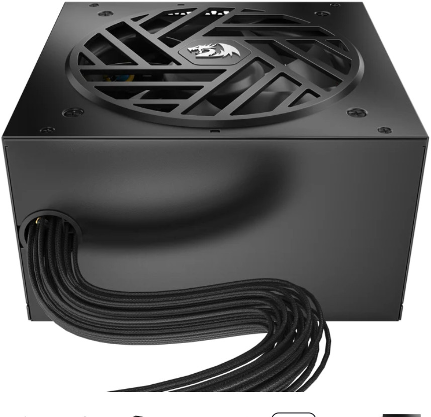 Czarny zasilacz komputerowy z wentylatorem, kablami i logo smoka. Wentylator jest zakryty czarną kratką.