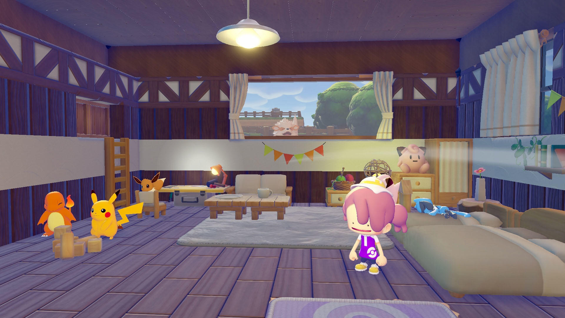 Ein Cartoon-Zimmer mit Pokémon-Charakteren. Eine Person steht vor einem Bett. Draußen am Fenster ist eine grüne Landschaft.
