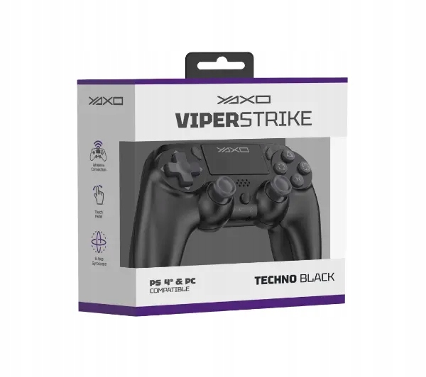 Czarny gamepad YAXO Viperstrike w pudełku. Tekst zawiera 'PS 4 & PC COMPATIBLE' i 'TECHNO BLACK'. Połączenie bezprzewodowe, dotykowe i 6-osiowy żyroskop.