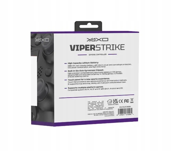 Tył czarnego pudełka kontrolera do gier z tekstem opisującym funkcje i kompatybilność platformy.