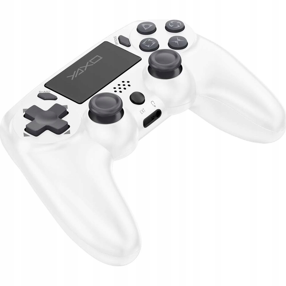 Biały kontroler do gier z czarnymi przyciskami. Posiada panel dotykowy, przyciski kierunkowe i gałki analogowe, z marką 'YAXO'.
