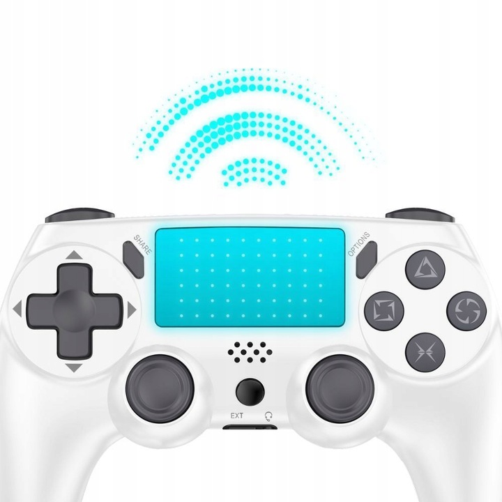 Biały kontroler Playstation 4 z niebieskim światłem i sygnałem nad nim. Przyciski to udostępnianie, opcje i klawisze kierunkowe.