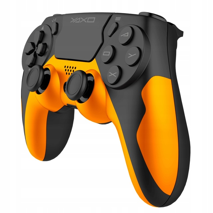 Pomarańczowo-czarny kontroler do gier YAXO. Posiada przyciski, gałki analogowe i panel kierunkowy. Tło jest białe.
