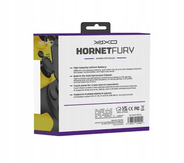 Pudełko kontrolera do gier, zatytułowane 'HORNETFURY'. Funkcje obejmują baterię, żyroskop, panel dotykowy i obsługę wielu platform.