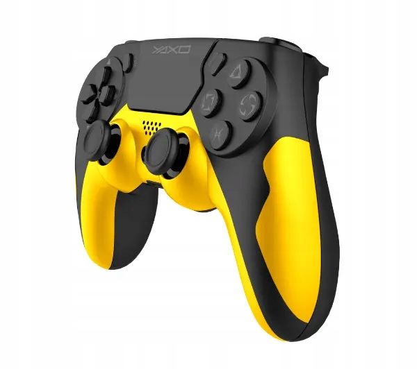Czarno-żółty kontroler do gier z przyciskami, joystickami i padem kierunkowym. Marka YAXO.