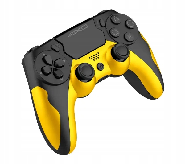 Czarno-żółty kontroler do gier. Kontroler jest ustawiony pod kątem, pokazując przyciski, joysticki i nazwę marki. Tło jest białe.