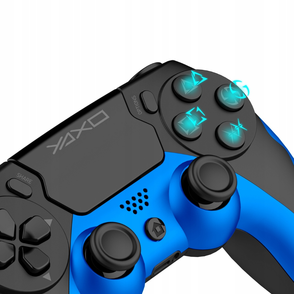 Czarno-niebieski kontroler do gier YAXI. Posiada świecące przyciski i przycisk udostępniania. Tło jest białe.