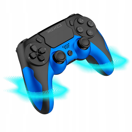 Czarno-niebieski kontroler do gier Yaxo unosi się. Ma przyciski i joysticki. Niebieskie linie faliste emanują z kontrolera.