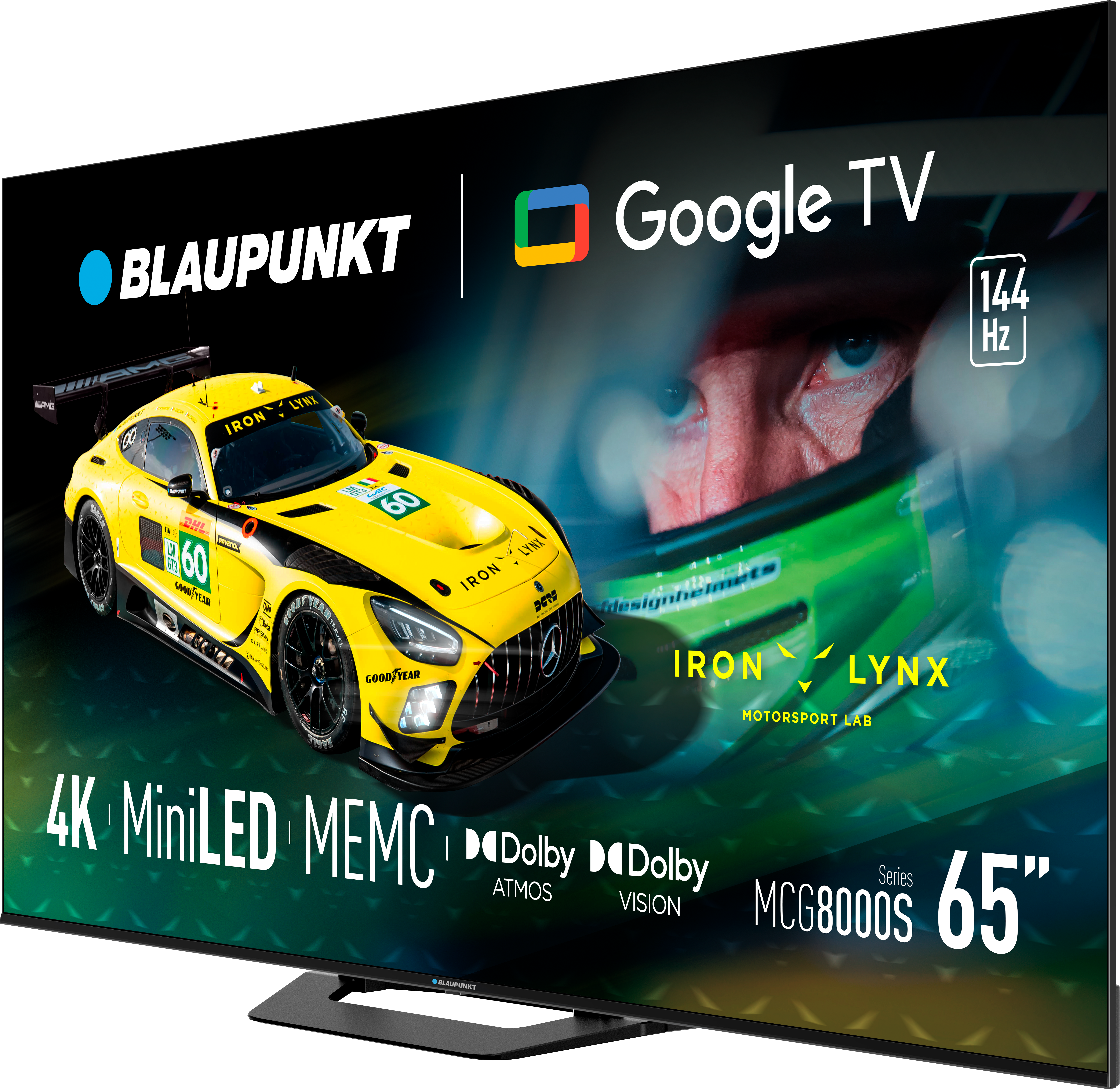 Telewizor Blaupunkt wyświetla żółty samochód wyścigowy z twarzą kierowcy, logo Google TV i danymi technicznymi.