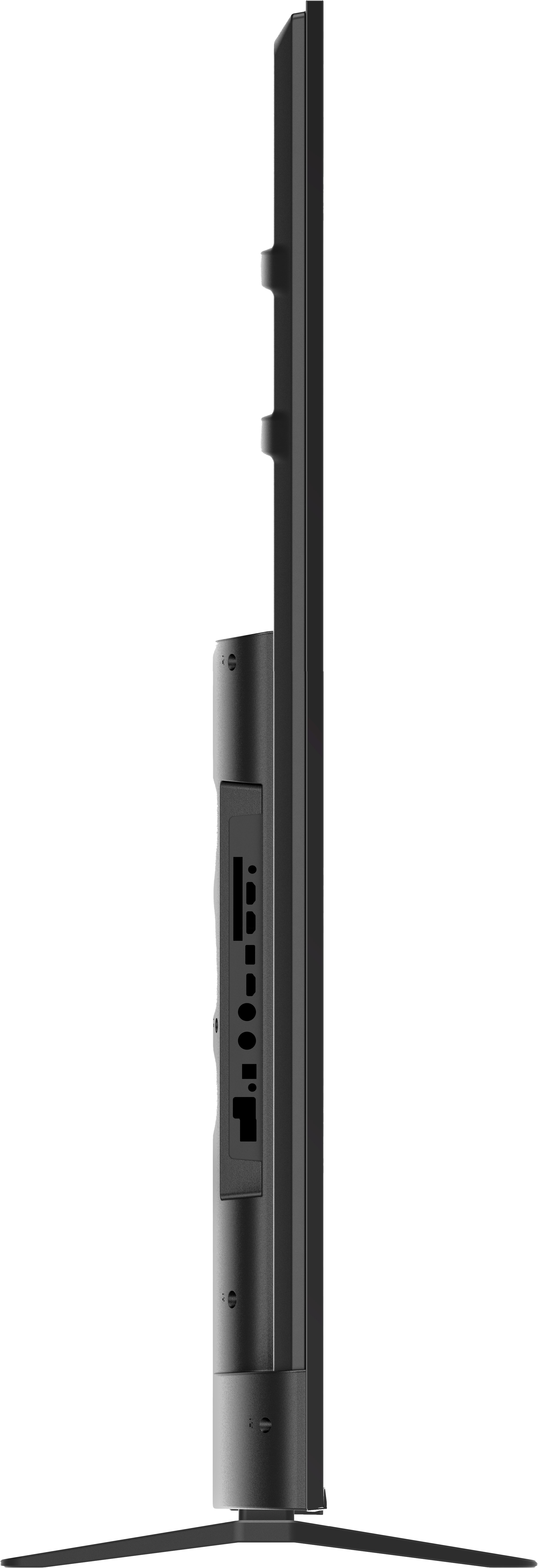 Widok z boku czarnego telewizora. Widoczne porty, podstawa i ramka. Czarne tło.