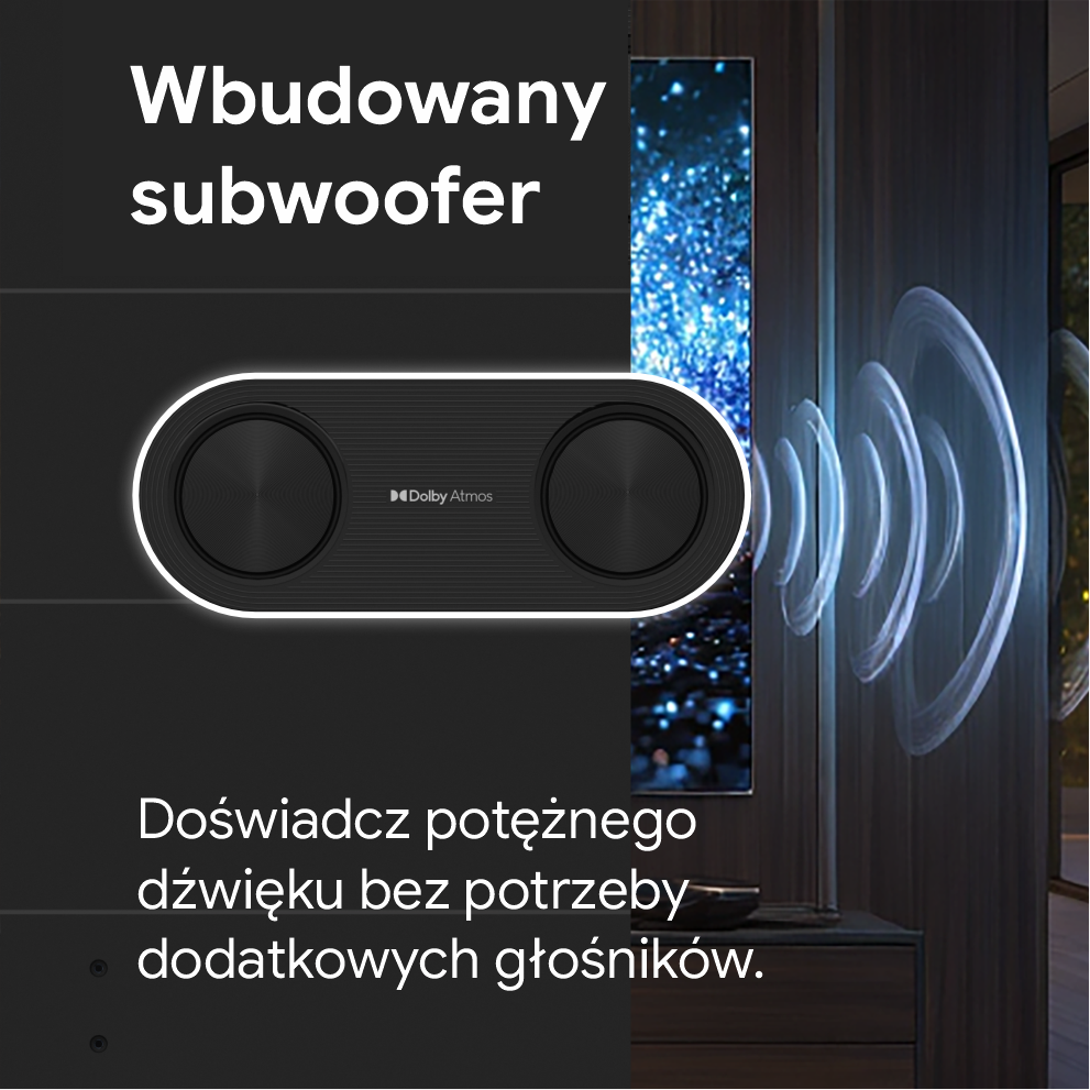 Obraz przedstawia wbudowany subwoofer. Subwoofer jest czarny z białym obrysem. Widoczne logo Dolby Atmos.