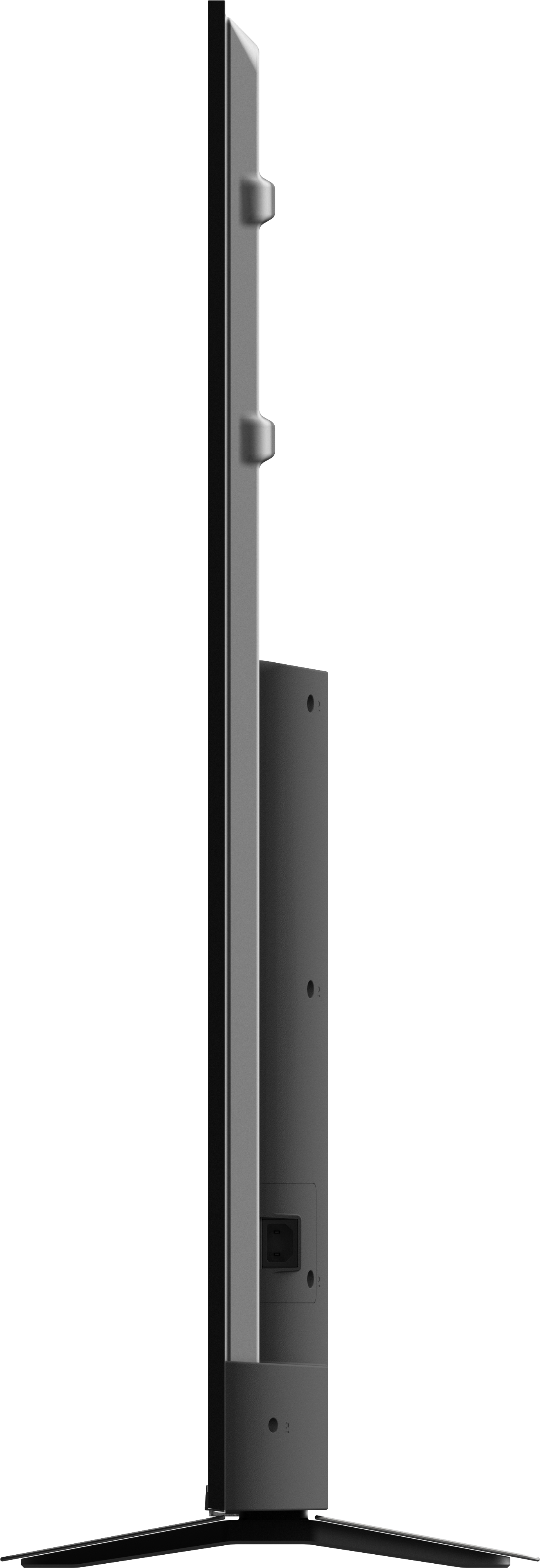 Widok z boku szarego telewizora na czarnym tle. Telewizor ma smukłą konstrukcję i podstawę.