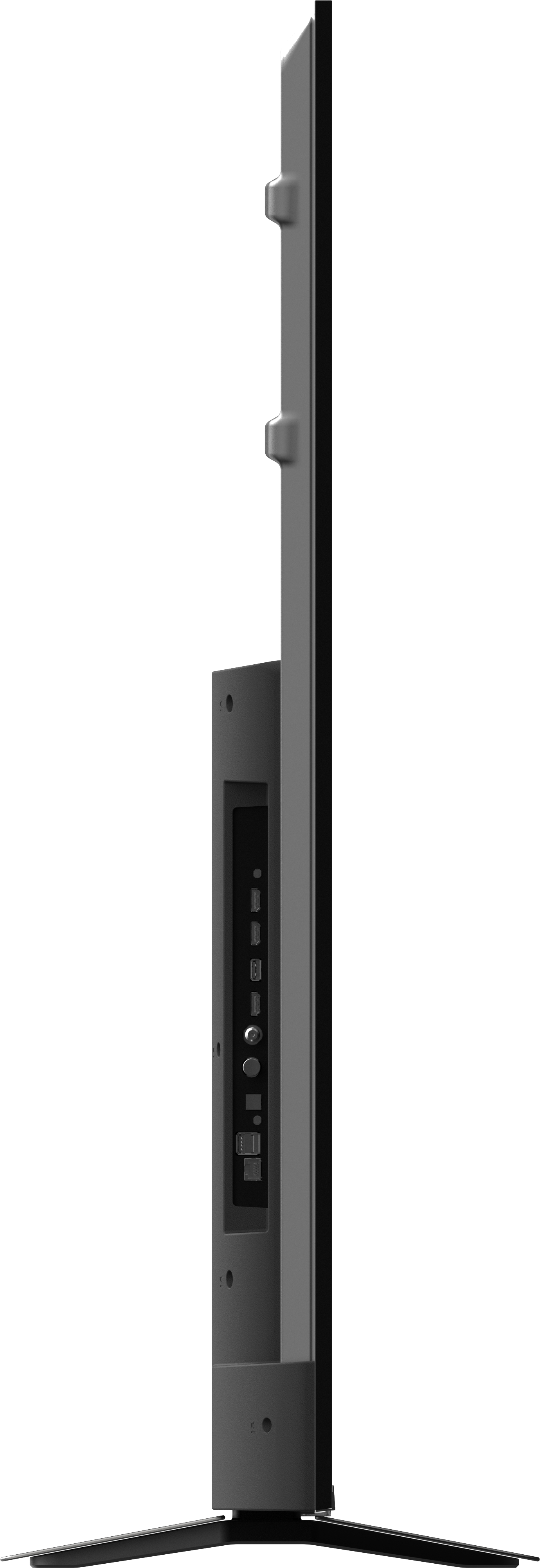 Widok z boku szarego telewizora. Pokazuje porty, złącza i podstawę. Czarne tło.