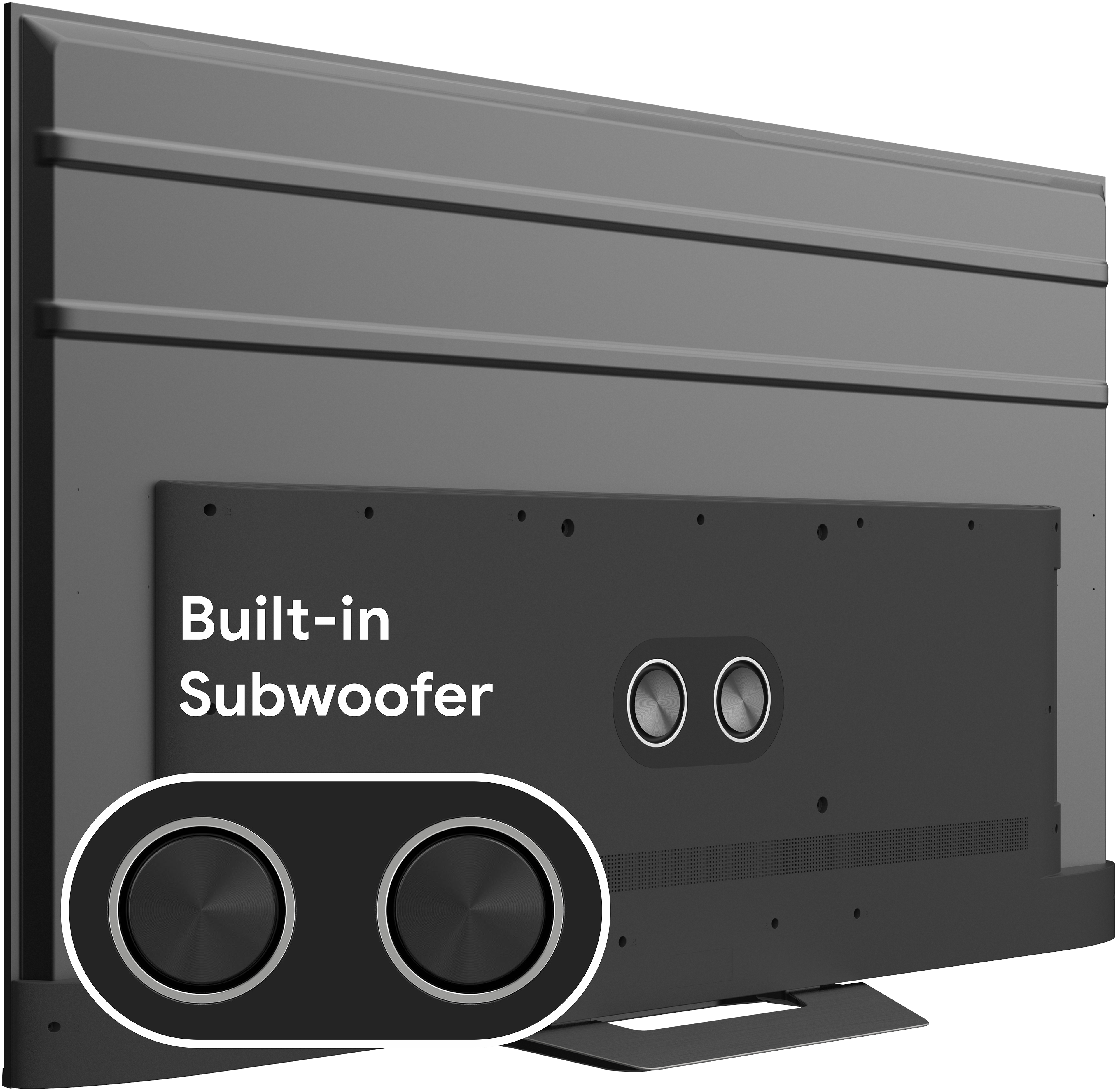Widok z tyłu telewizora z wbudowanym subwooferem. Subwoofer ma dwa okrągłe głośniki.