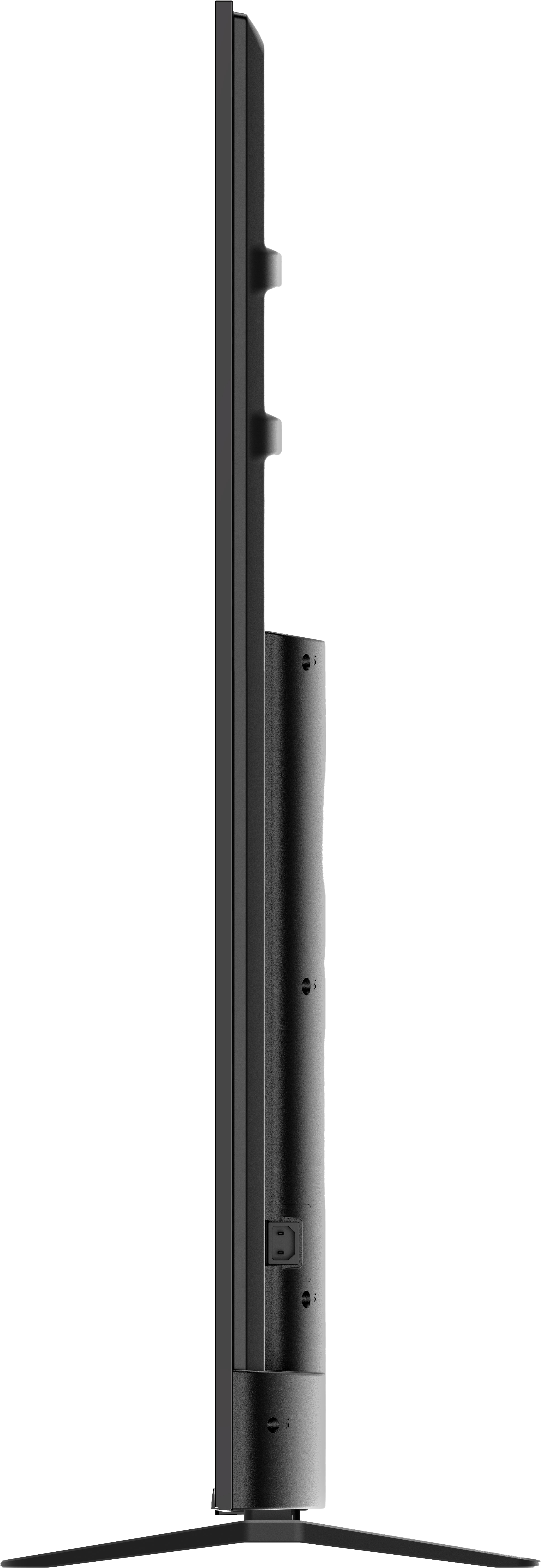 Widok z boku czarnego telewizora. Posiada port zasilania i dwa wsporniki montażowe. Stojak jest czarny.