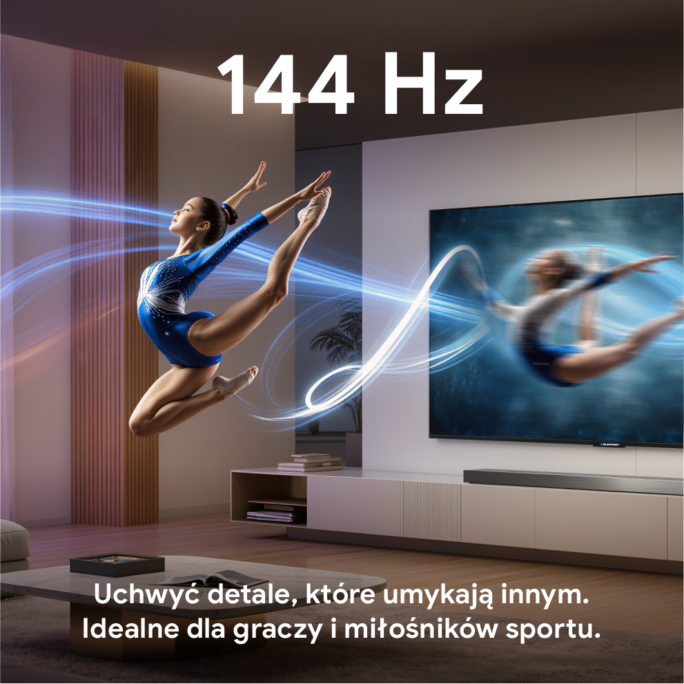Gimnastyczka w niebieskim trykocie skacze. Telewizor pokazuje inną gimnastyczkę. Tekst: '144 Hz'. Idealne dla graczy i fanów sportu.