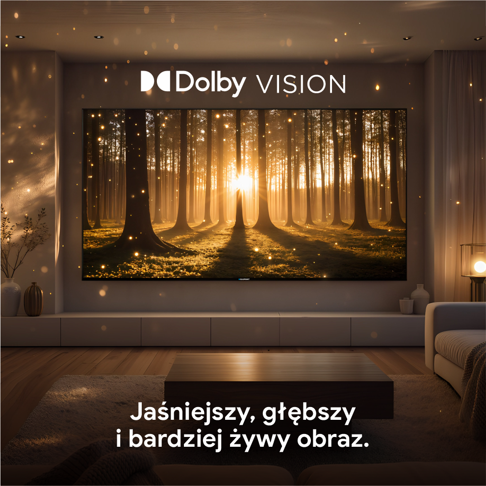 Salon z TV pokazującym leśną scenę ze słońcem. Logo Dolby Vision nad TV. Tekst po polsku na dole.