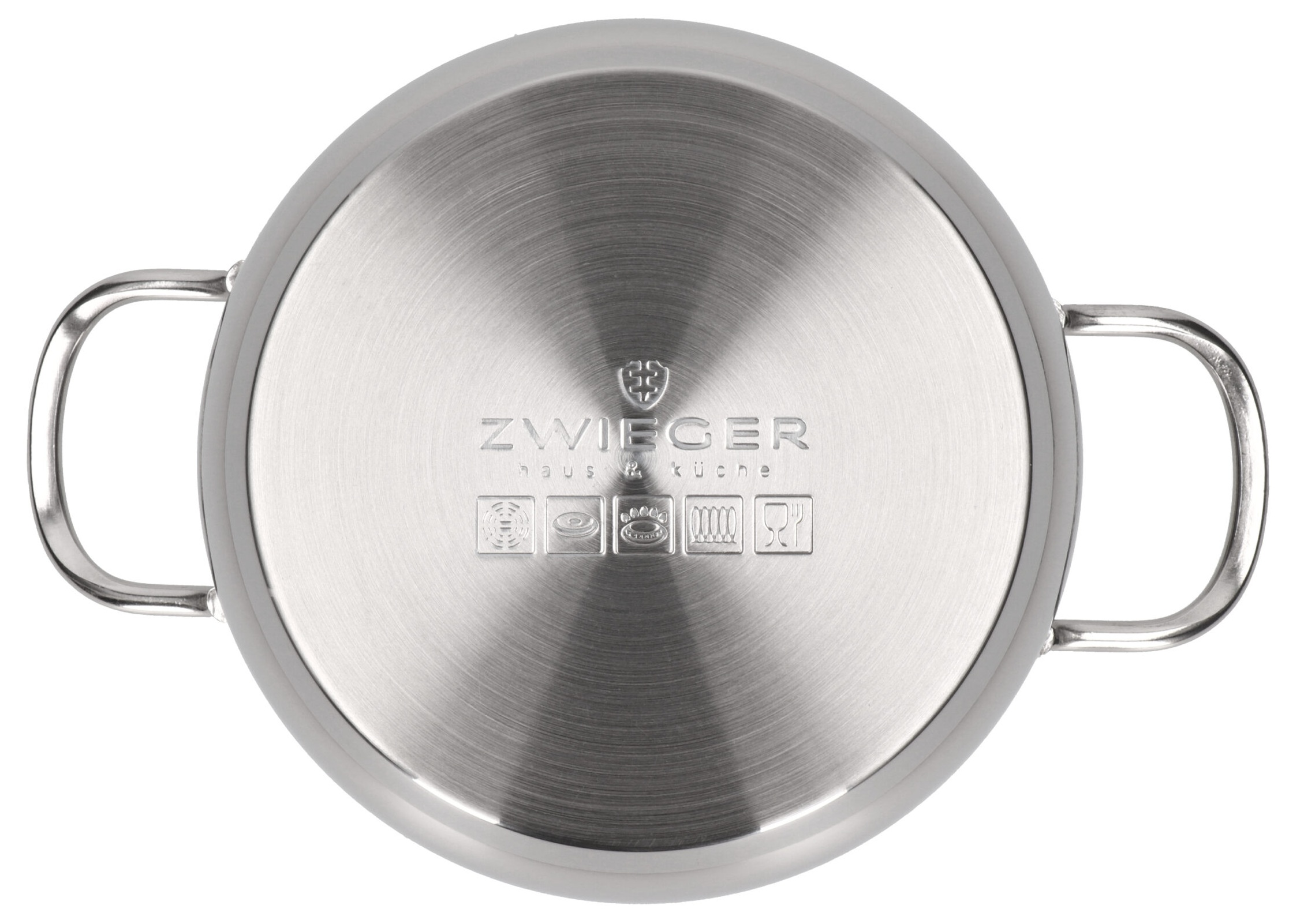 Dno garnka ze stali nierdzewnej z uchwytami. Zawiera nazwę marki i symbole wskazujące na możliwość mycia w zmywarce i pieczenia w piekarniku.