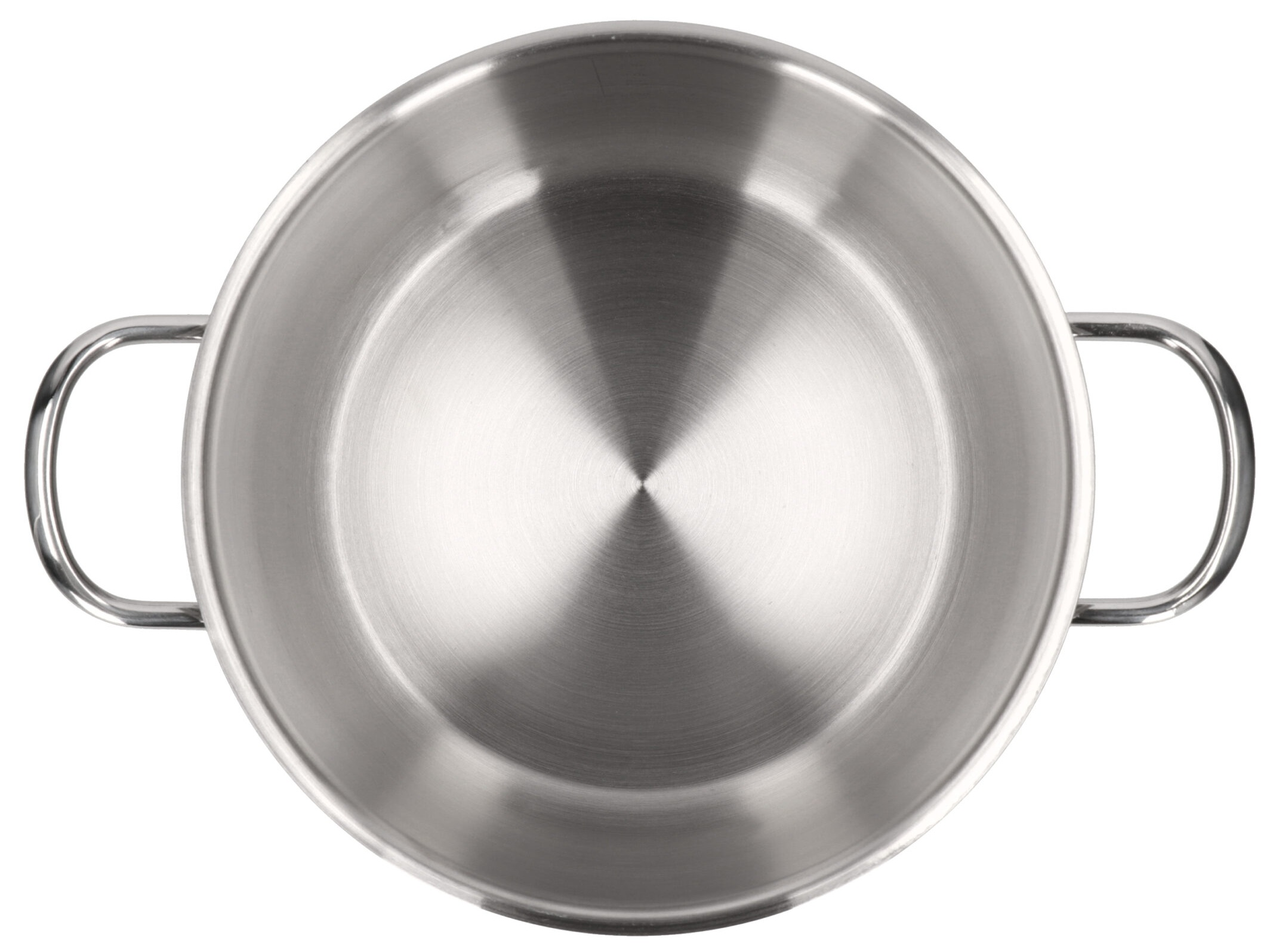 Widok z góry na garnek ze stali nierdzewnej z dwoma zakrzywionymi uchwytami na białym tle.