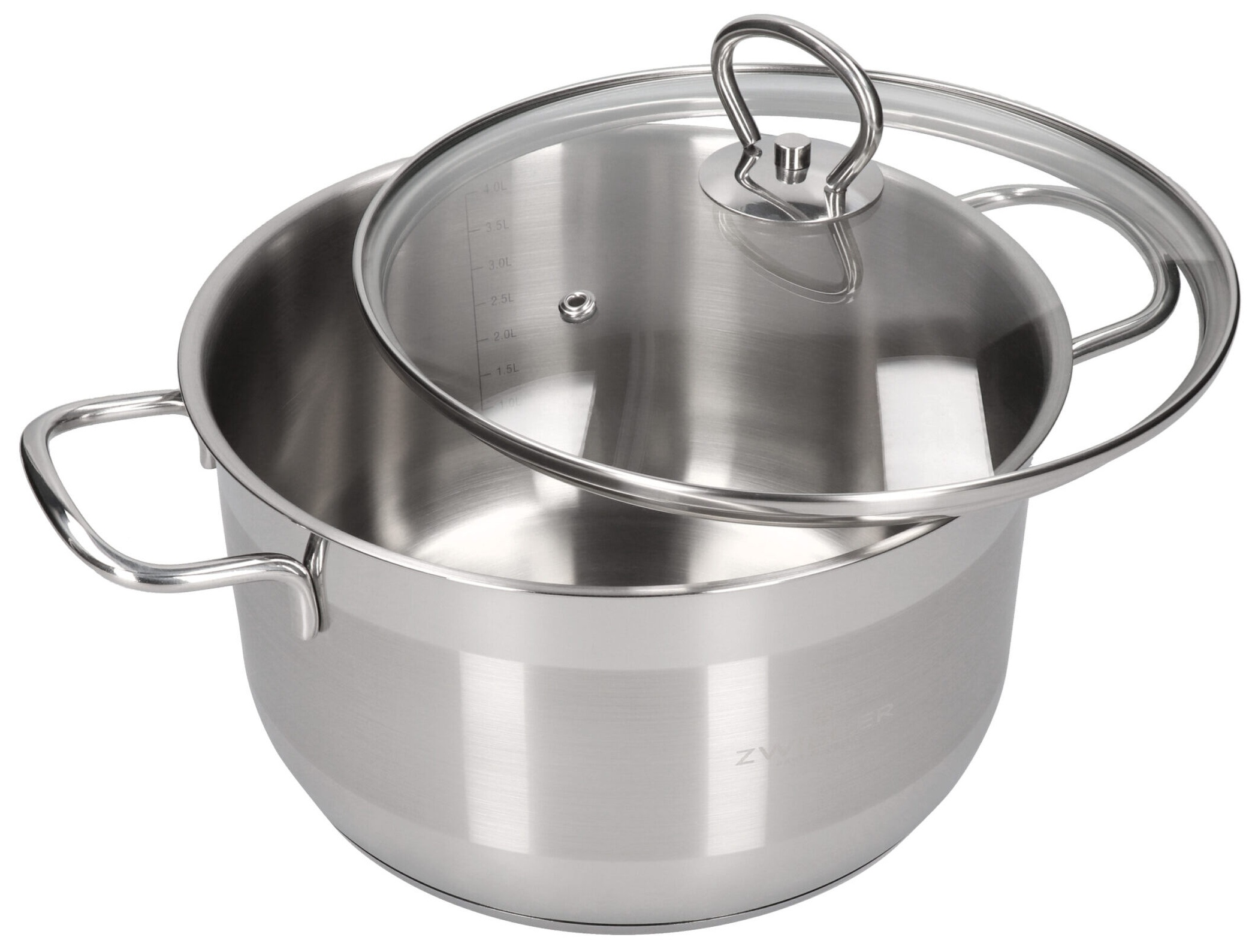 Garnek ze stali nierdzewnej ze szklaną pokrywką. Pokrywka jest częściowo otwarta, widać wnętrze. Uchwyt z boku.