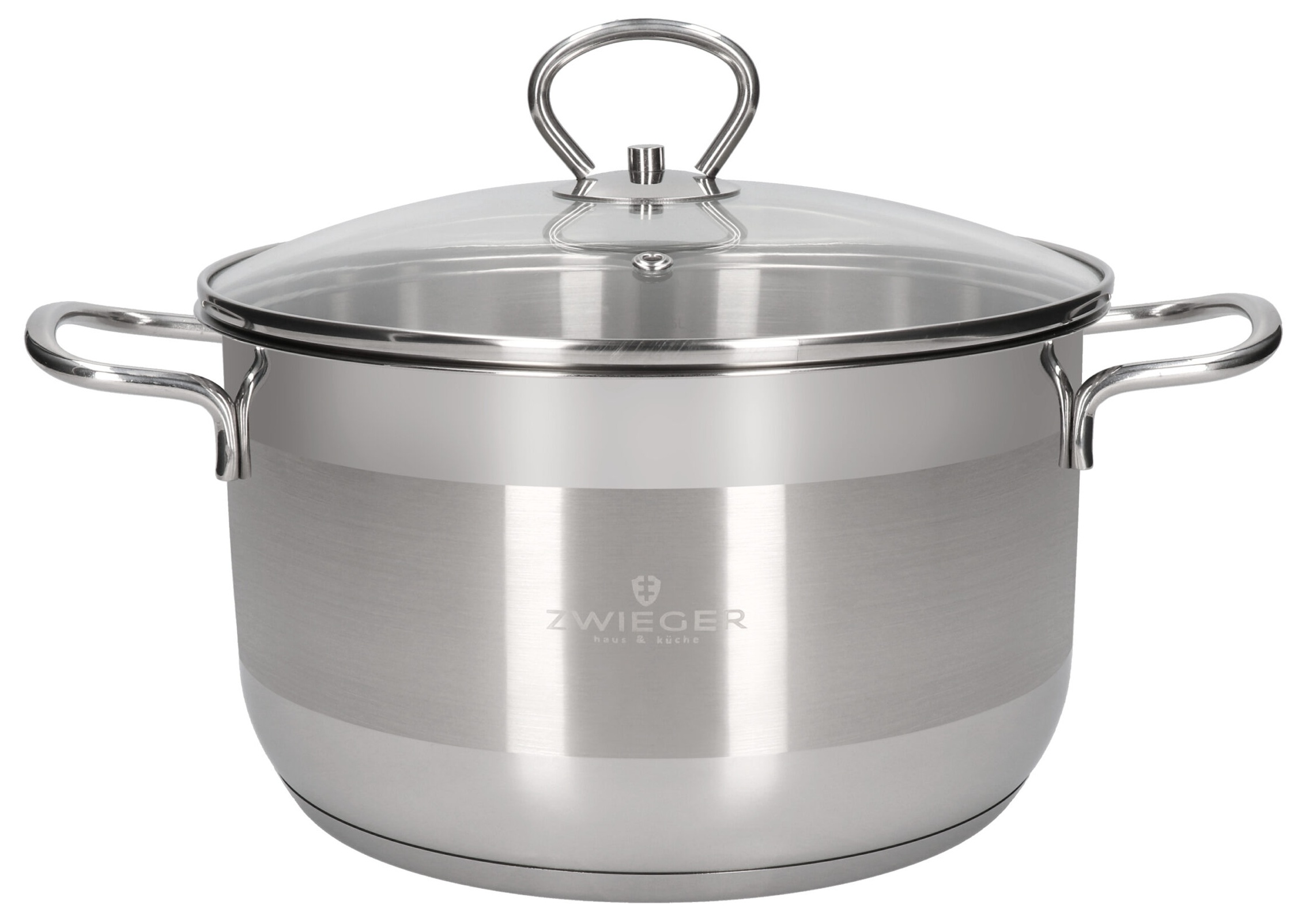 Garnek ze stali nierdzewnej ze szklaną pokrywką i uchwytem. Garnek ma dwa uchwyty boczne i uchwyt pętlowy na pokrywie.