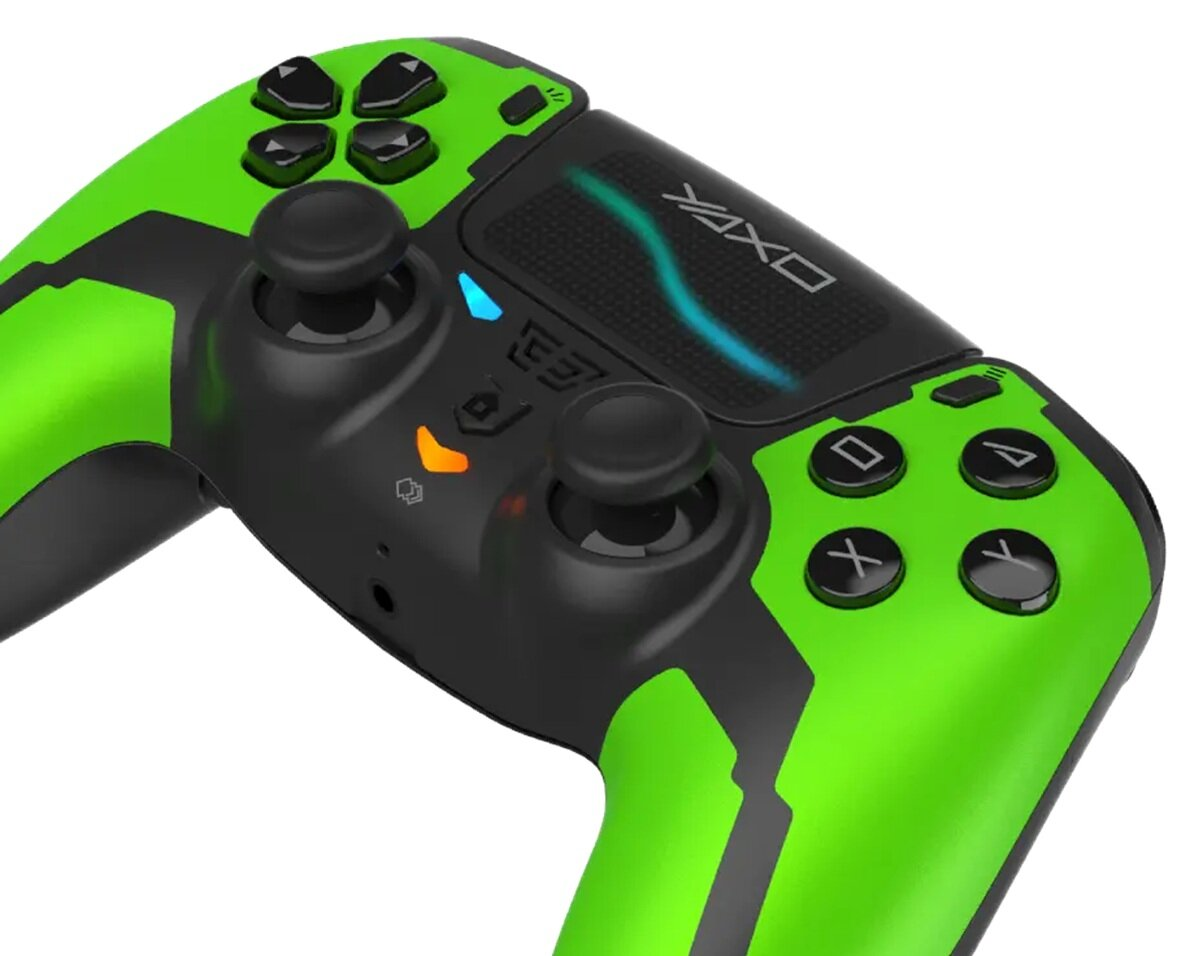 Zielono-czarny kontroler do gier wideo, z przyciskami i joystickami. Widoczna jest nazwa marki 'YAXO'.