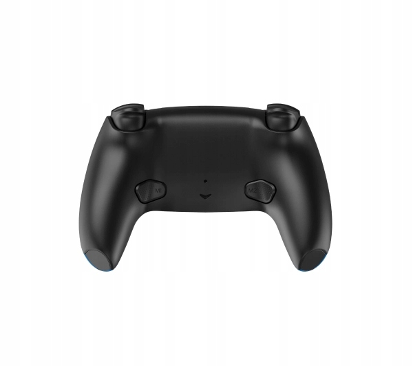 Czarny gamepad, widziany od tyłu, spoczywa na białym tle. Ma przyciski i spusty. Końce mają niebieskie akcenty.