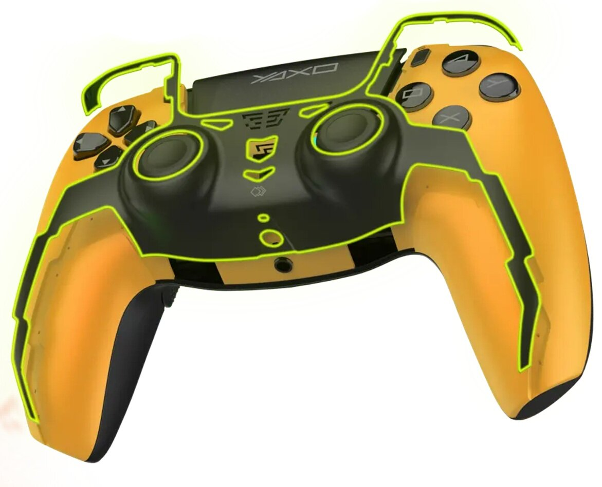 Pomarańczowo-czarny kontroler do gier z neonowo-zielonym obrysem. Przyciski są czarne. Kontroler jest lekko uniesiony do góry.