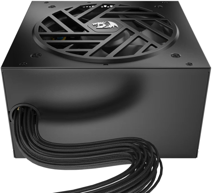 Czarny zasilacz komputerowy. Ma wentylator z logo smoka. Wychodzą z niego kable.
