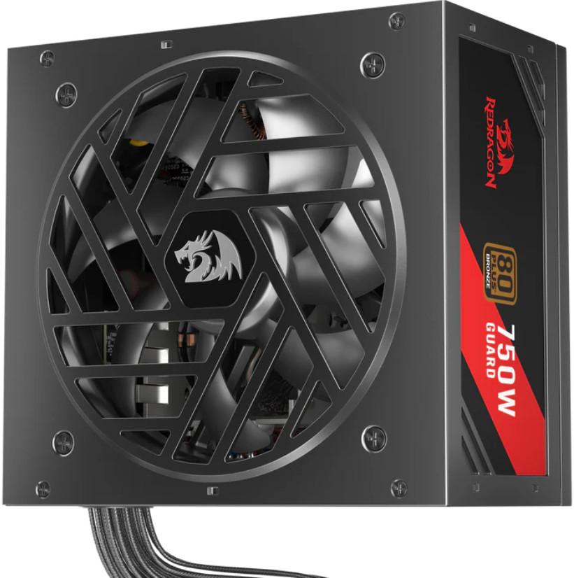 Czarny zasilacz Redragon 750W. Posiada wentylator z logo smoka, certyfikat brązowy i czarne kable.