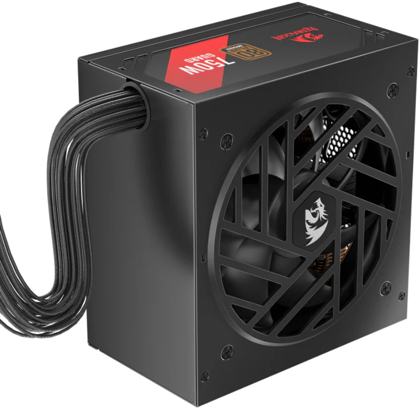 Czarny zasilacz komputerowy. Wentylator widoczny za kratką. Kable wystają z boku. Czerwone i złote akcenty na górze.